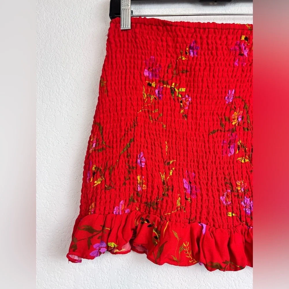 Lovers + Friends Red Floral Smocked Mini Skirt with Ruffle Hem Large